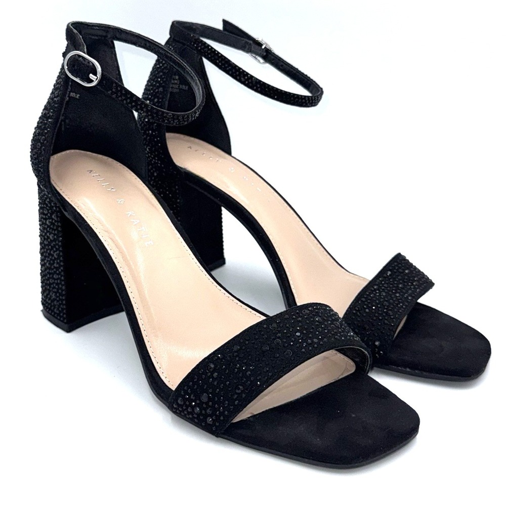 Kelly & Katie Caital Black Rhinestone Block Heel Sandals Women's Size 9